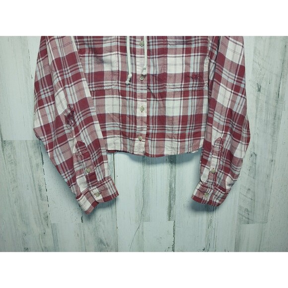 American Eagle Women Top XL Red Plaid Flannel Hooded Distressed Cropped - Picture 2 of 7